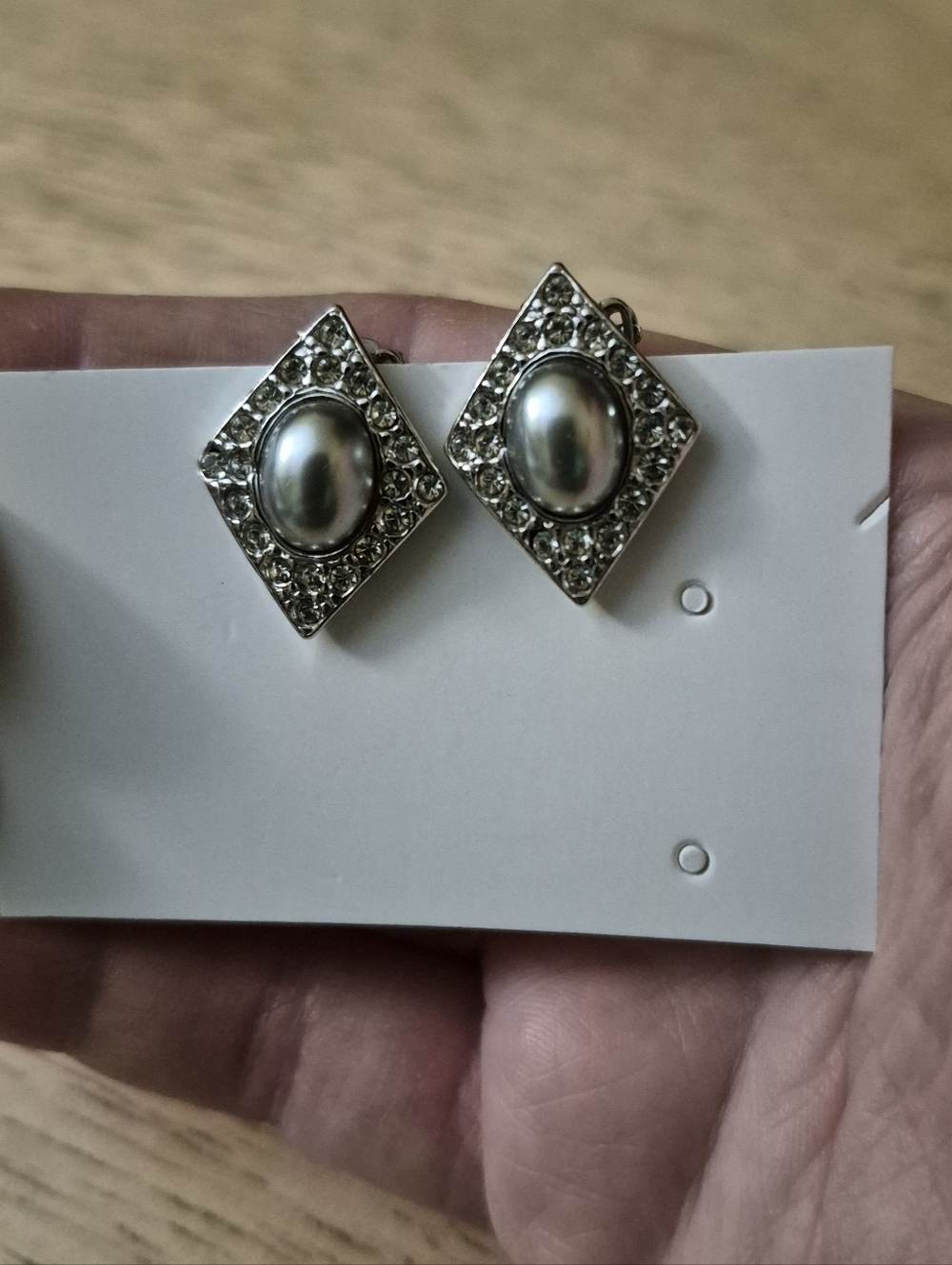 Vintage Diamond Shaped Rhinestone And Faux Pearl Clip On Earrings